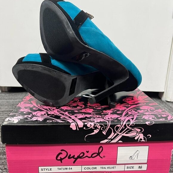 Qupid Tatum 47 teal velvet Ruched peep toe Platform Pumps  sz 8.5 - Picture 8 of 8